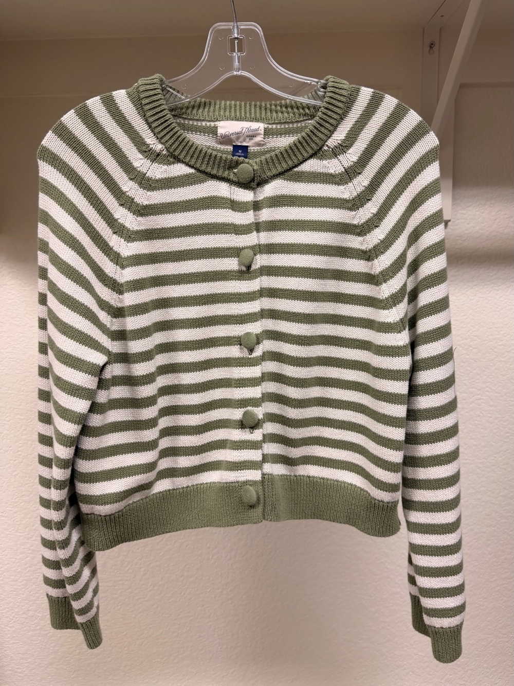 Universal Thread Olive Green & White Striped Button-Front Crop Cardigan